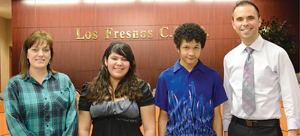 American Mathematics Competition Champs Recognized: Los Fresnos United’s AMC team was introduced as the winners of the AMC 10 competition in the Rio Grande Valley. Pictured are (from left) sponsor Deanna Cole, students Viridiana Garcia and Josue Baquero, and principal Joseph Villarreal.