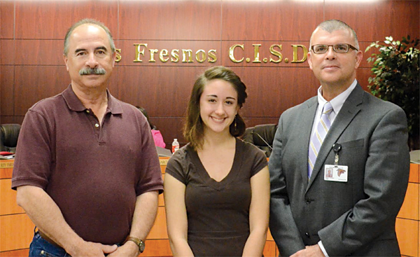 American Mathematics Competition Team Introduced: Los Fresnos High School’s AMC team was introduced as the runnersup of the AMC 12 competition in the Rio Grande Valley. Pictured are (from left) sponsor Marcelo Garza, Samantha Jo Rodriguez, and principal Ronnie Rodriguez. See more photos on the Sports page