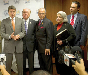 Featured in this image from a July 16 press conference at UT-Pan American are, from left: Gov. Rick Perry; Sen. Juan “Chuy” Hinojosa, D-McAllen; Congressman Rubén Hinojosa, D-Mercedes; Sen. Judith Zafirrini, D-Laredo; and Rep. Terry Canales, D-Edinburg. Photo: Josue Esparza.