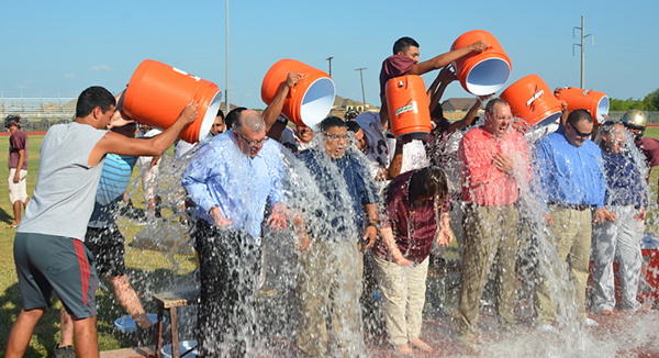 High School Administrators take the #IceBucketChallenge to raise awareness of Amyotrophic lateral sclerosis (ALS) last Tuesday afternoon. Photo: Los Fresnos High School.