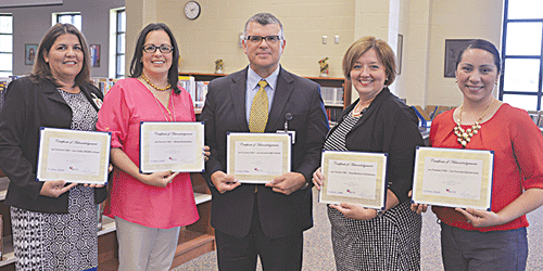 Pictured are (left to right) principals Alma Atkinson of Los Cuates Middle School, Linda Rodriguez of Olmito Elementary School, Ronnie Rodriguez of Los Fresnos High School, Melanie McCormick of Dora Romero Elementary School, and Rosemary Leal of Los Fresnos Elementary School. Photo: LFCISD.net 