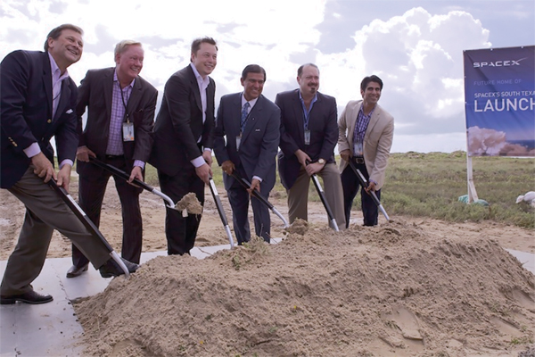 State and local officials, along with Governor Rick Perry, joined SpaceX founder Elon Musk in breaking new ground at the new SpaceX facility in Cameron County. The facility will begin space launches as early as 2016. Photo: Office of the Governor, http:// http://governor.state.tx.us/
