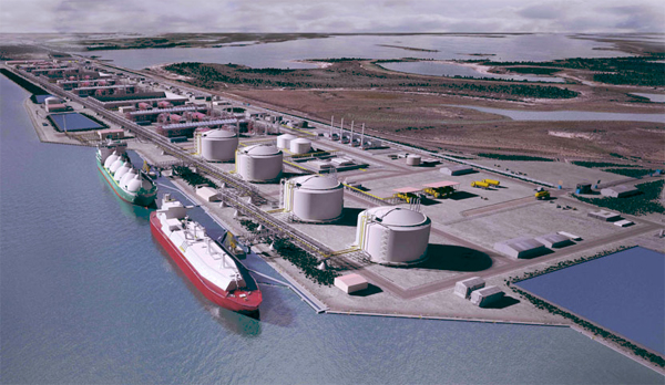 The proposed Rio Grande LNG Facility looking west along the Brownsville Ship Channel. Photo: Rio Grande LNG