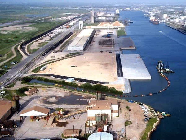 This aerial photo of Dock 16 shows its proximity to the Port of Brownsville’s other heavy-load capacity dock.