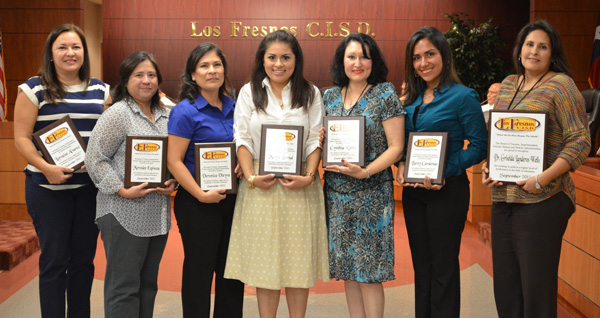 Teachers Who Earned Advanced Degrees  (Left to right) Lorraine Alvarez, Los Fresnos High School; Mercedes Espinoza, Resaca Middle School; Veronica Vieyra, Liberty Memorial Middle School; Mayra Bernal, Liberty Memorial Middle School;; Cynthia Rubio, Las Yescas Elementary, Betty Cardenas, Palmer-Laakso Elementary, and Dr. Griselda Landeros Wells, Los Fresnos High School. Not pictured are Denjuami Barker, Liberty Memorial Middle School, and Brian Martinez, Los Fresnos High School.Photo:LFCISD