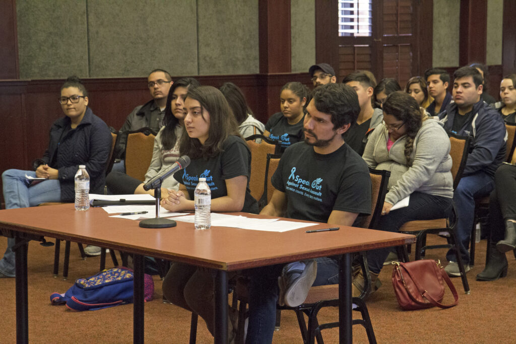 Ann Jacobo, left, and Esai Torres moderated the Prevention of Sexual Assault and Harassment panel discussion on the UTRGV Brownsville campus. UTRGV Communication junior Danielle Banda, seated far left, addressed some of the misconceptions associated with sexual assault and rape. Photo: Veronica Gaona/UTRGV